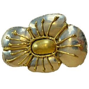 Vintage 80s Boho Flower Sash Cinch Belt Buckle Goldtone Floral Artisan Statement